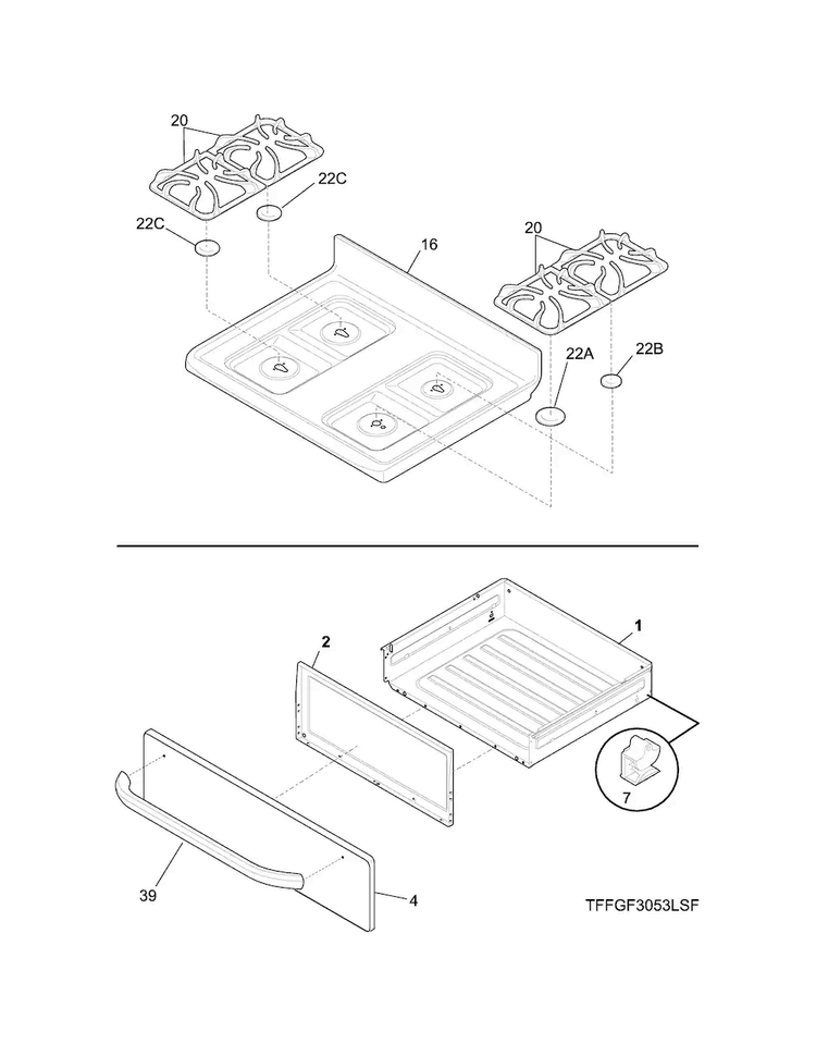 Top/drawer Diagram and Parts List for FFGF3053LSL  Frigidaire Range