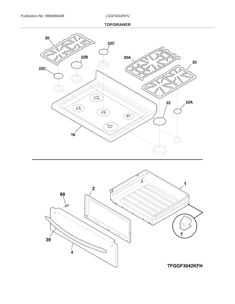 Top/drawer Diagram and Parts List for LGGF3042KFU  Frigidaire Range
