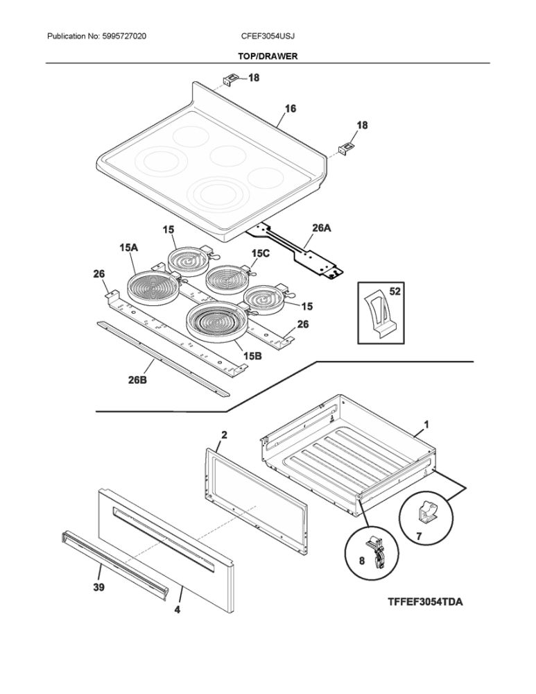 Top/Drawer Diagram and Parts List for CFEF3054USJ  Frigidaire Range