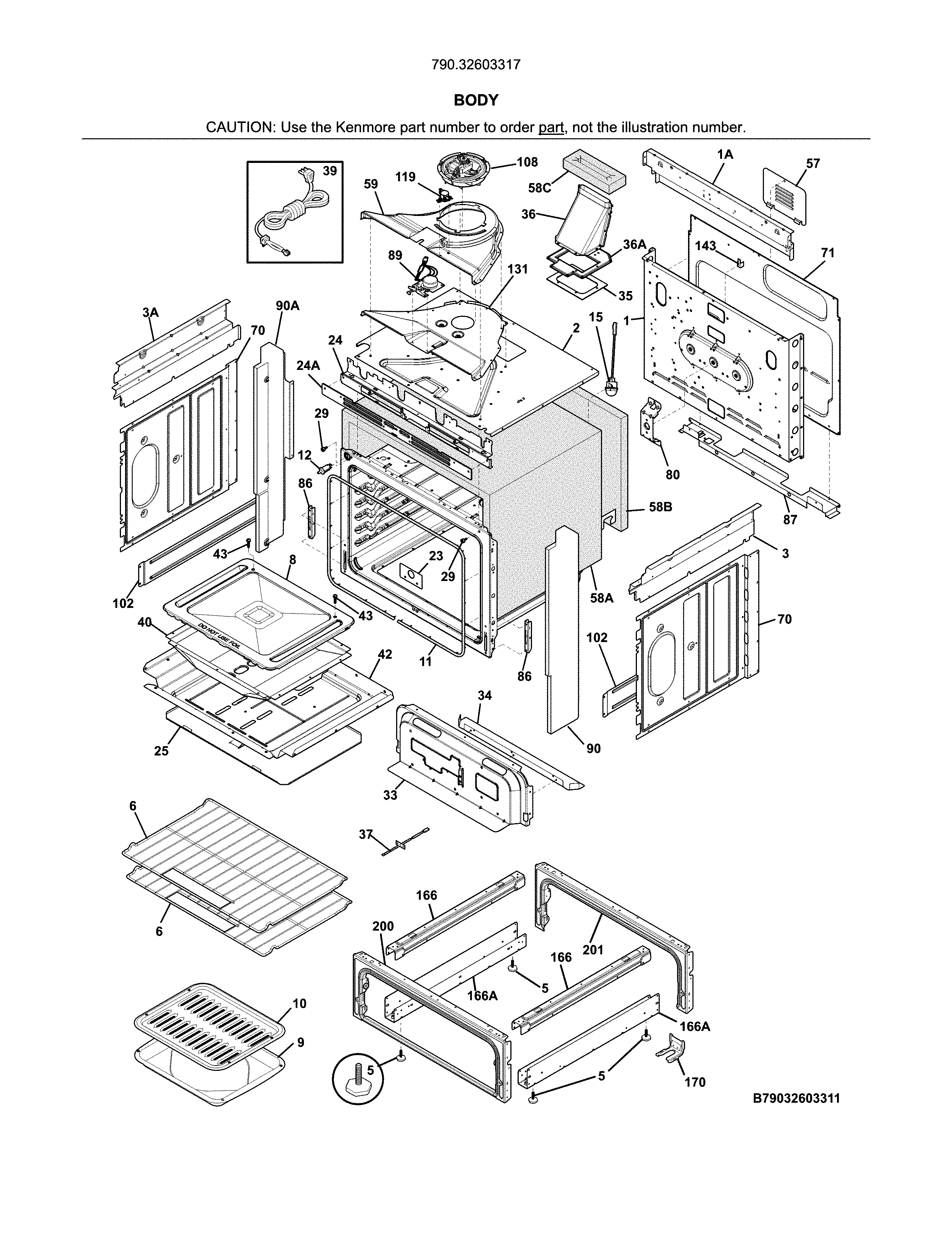 Body Diagram and Parts List for 79032603317  Kenmore Range