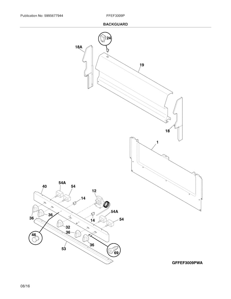 Backguard Diagram and Parts List for FFEF3009PWE  Frigidaire Range