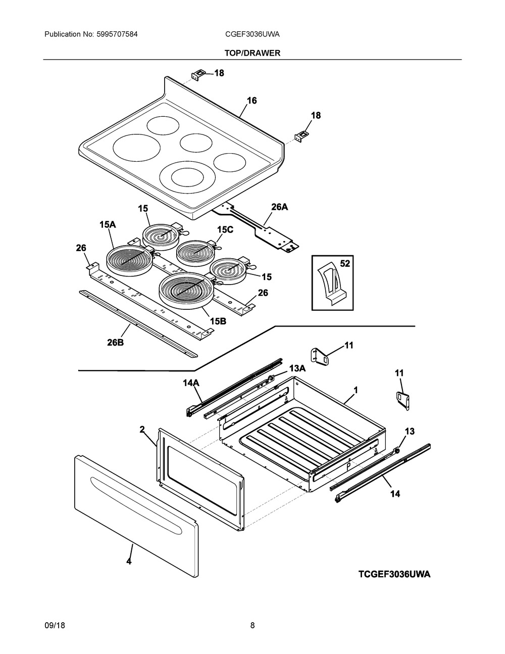 Top/drawer Diagram and Parts List for CGEF3036UWA  Frigidaire Range