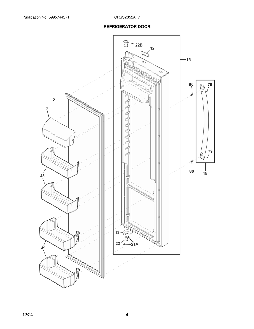 Refrigerator Door Diagram and Parts List for GRSS2352AF7  Frigidaire Refrigerator