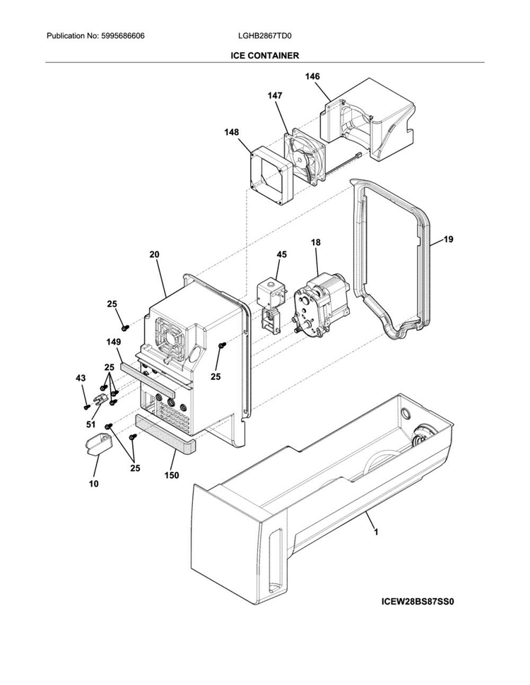 Ice Container Diagram and Parts List for LGHB2867TD0  Frigidaire Refrigerator