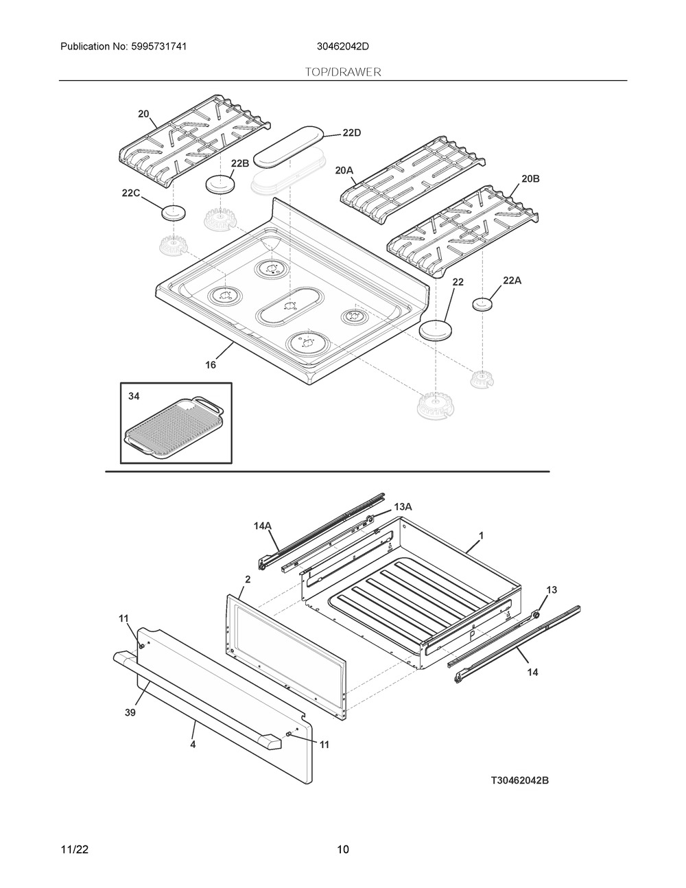Top/Drawer Diagram and Parts List for 30462042D  Frigidaire Range