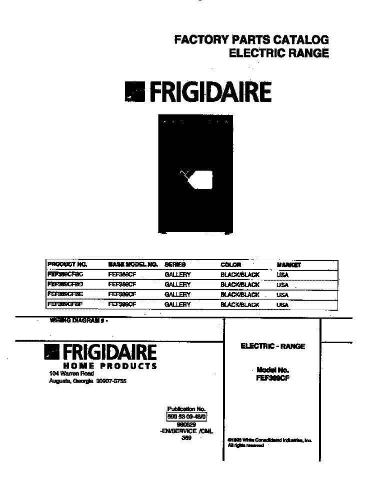 COVER Diagram and Parts List for FEF389CFBD  Frigidaire Range