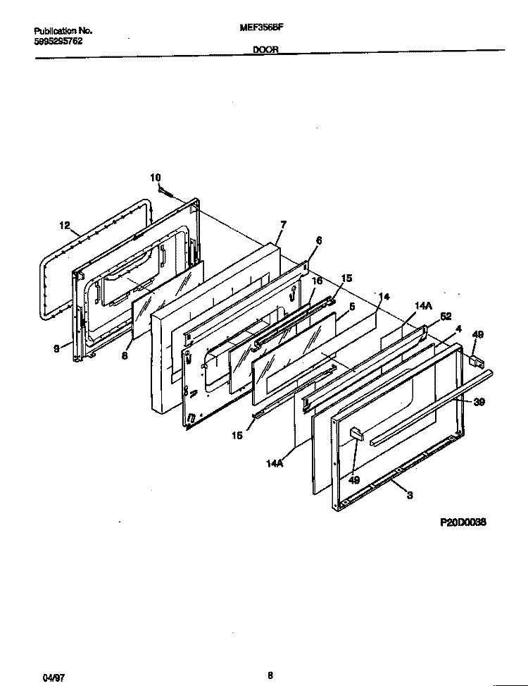 DOOR Diagram and Parts List for MEF356BFWA  Frigidaire Range