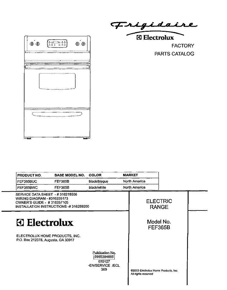 COVER Diagram and Parts List for FEF365BWC  Frigidaire Range