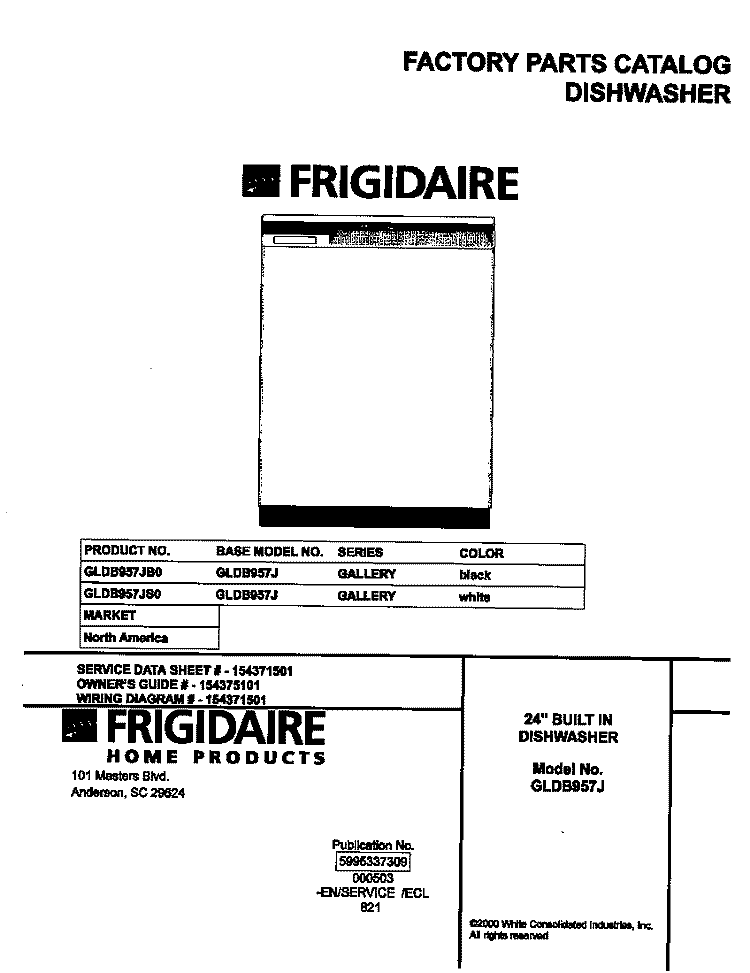 COVER Diagram and Parts List for GLDB957JS0  Frigidaire Dishwasher