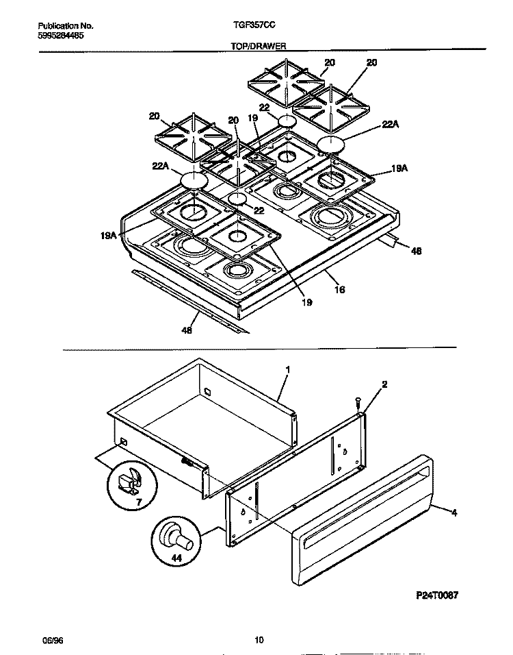 TOP / DRAWER Diagram and Parts List for TGF357CCTD  Tappan Range