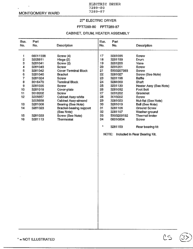 Cabinet, Drum, Heater Assembly Page 2 Diagram and Parts List for 7289-80  Frigidaire Dryer
