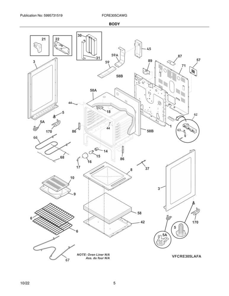 Body Diagram and Parts List for FCRE305CAWG  Frigidaire Range