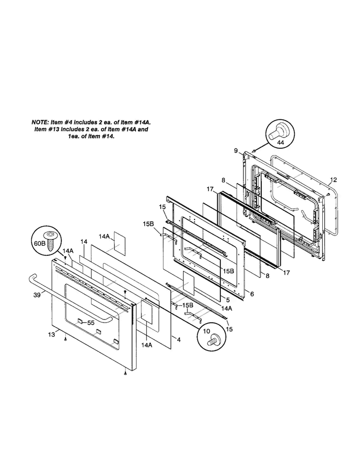 Door Diagram and Parts List for FEF389WJCA  Frigidaire Range