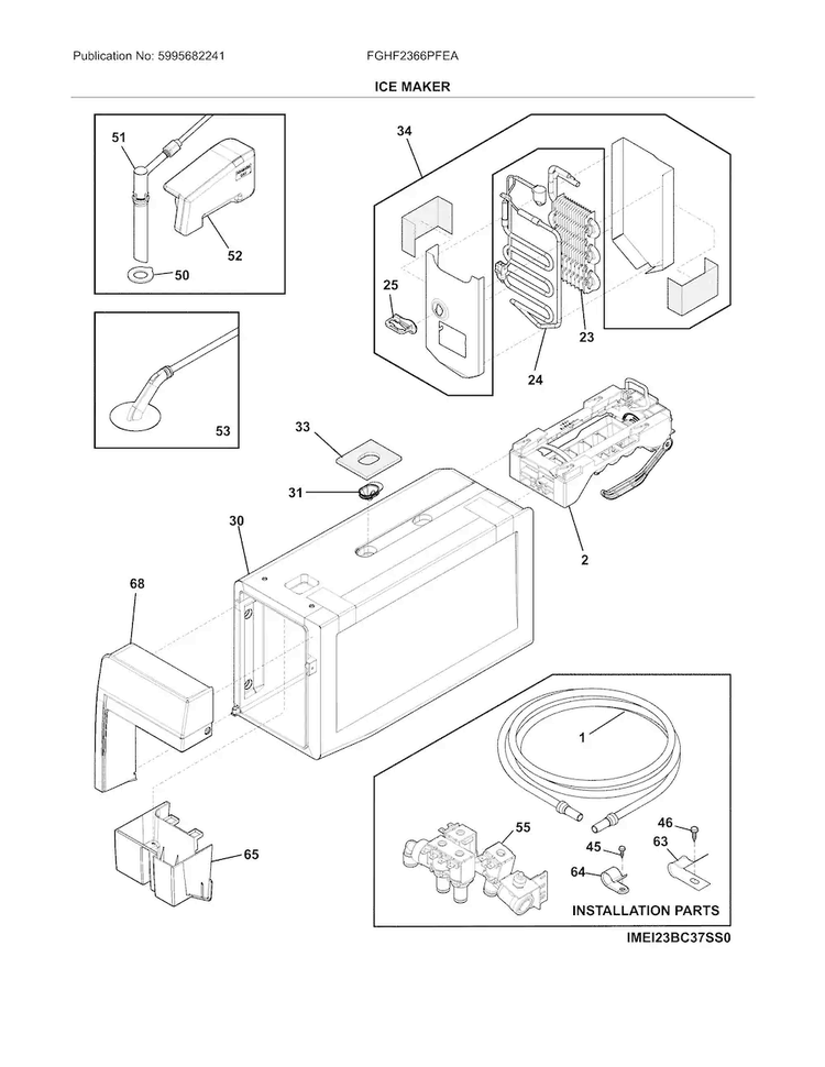 Ice Maker Diagram and Parts List for FGHF2366PFEA  Frigidaire Refrigerator