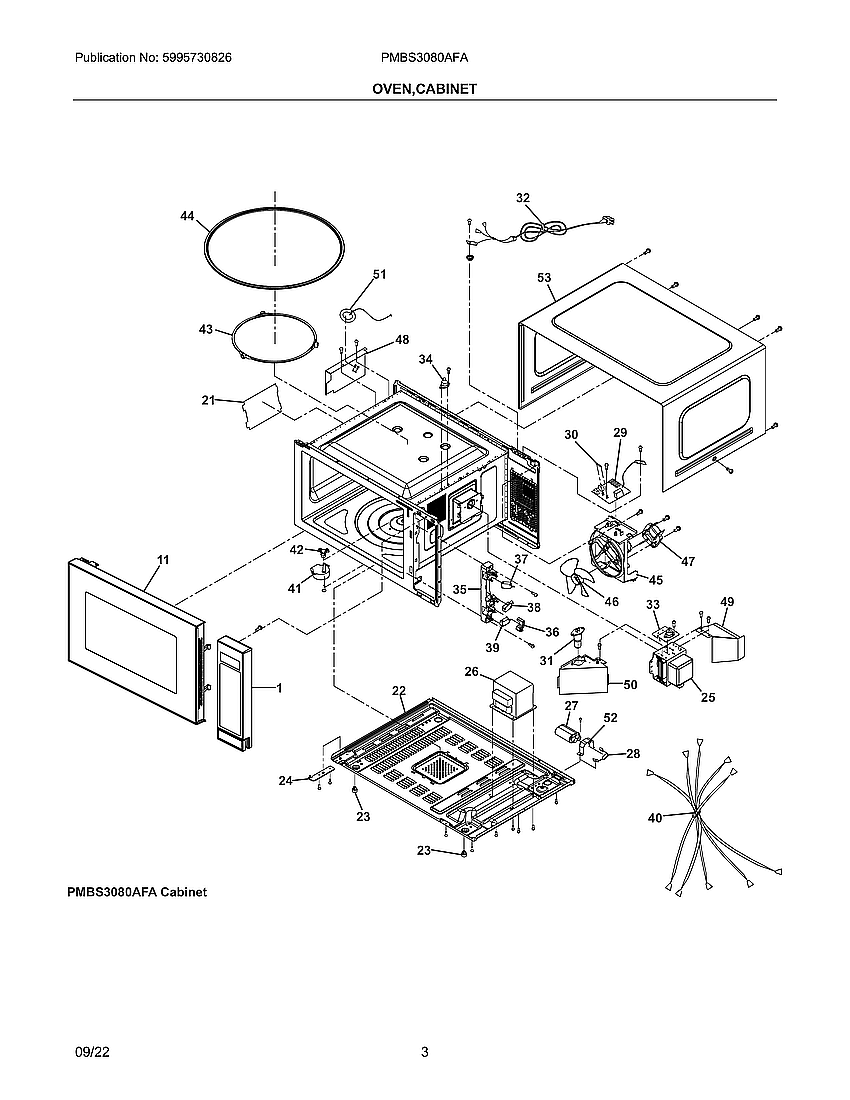 Cabinet, Oven Diagram and Parts List for PMBS3080AFA  Frigidaire Microwave
