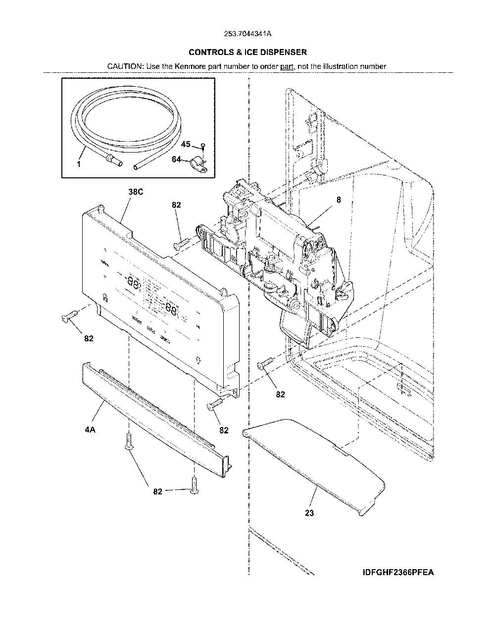 Controls & ice dispenser Diagram and Parts List for 2537044341A  Kenmore Refrigerator