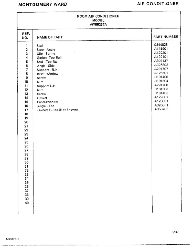 Air Conditioner Page 10 Diagram and Parts List for 5257A  Frigidaire Air Conditioner