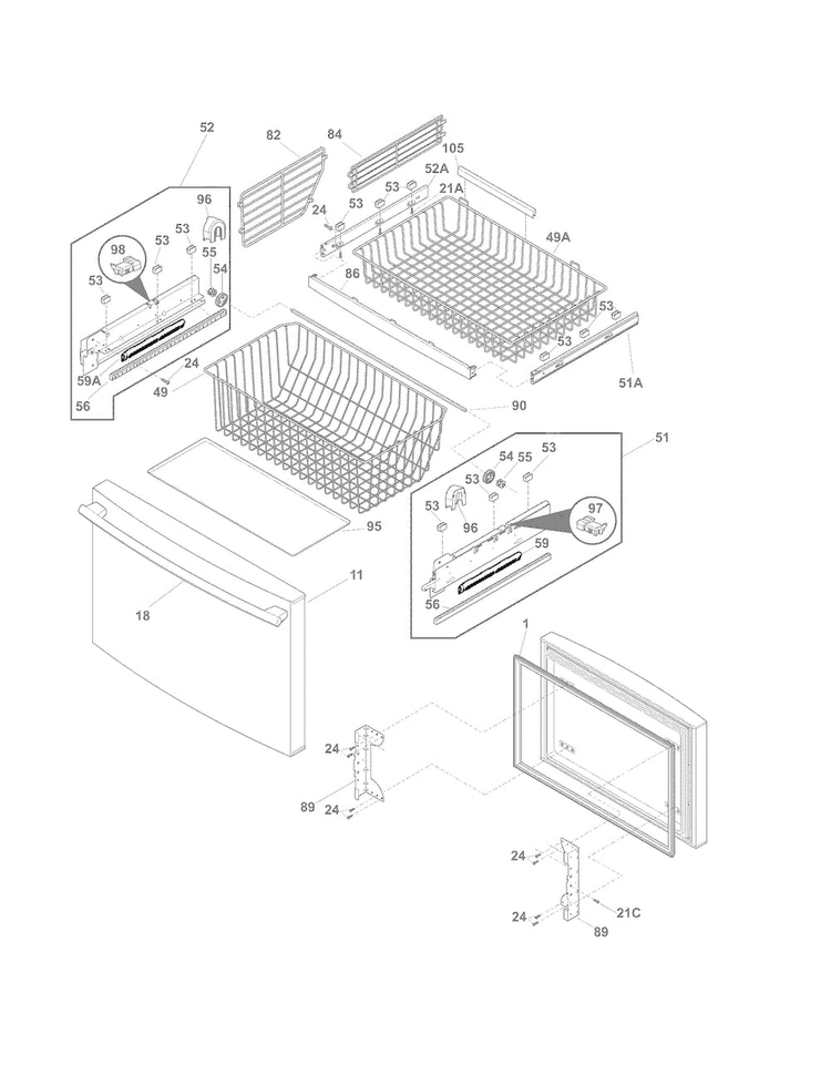 Freezer Drawer/baskets Diagram and Parts List for FPHG2399MF6  Frigidaire Refrigerator
