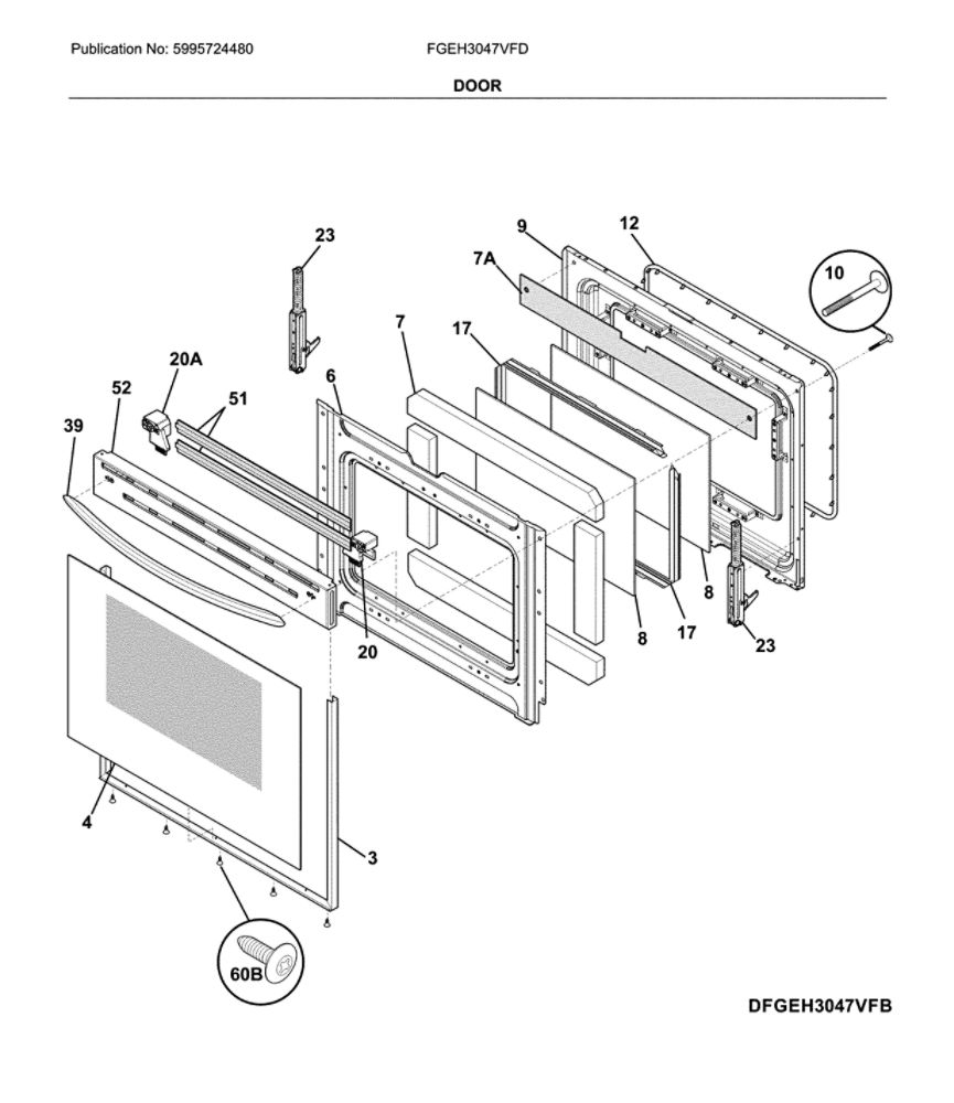 Door Diagram and Parts List for FGEH3047VFD  Frigidaire Range