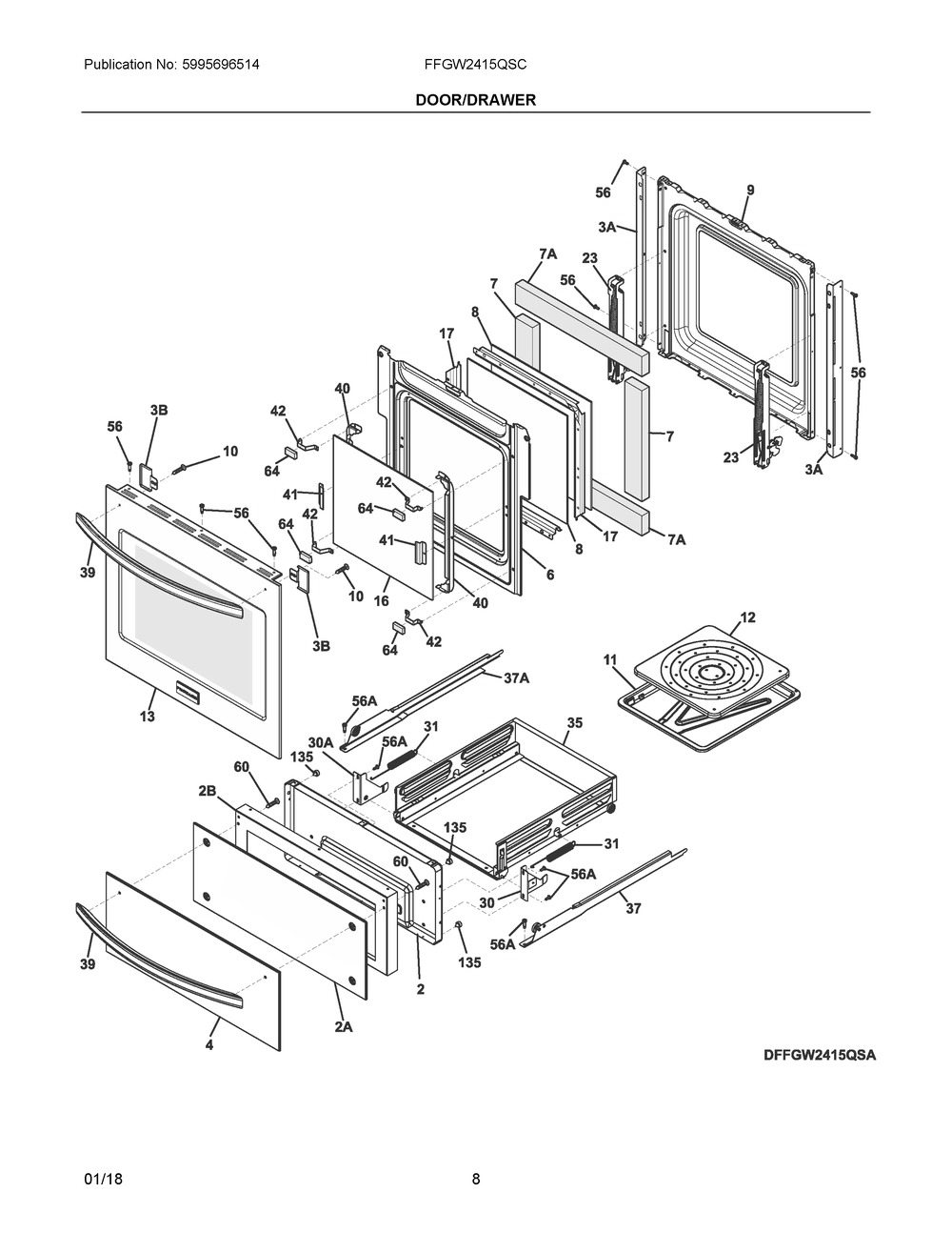 Door/drawer Diagram and Parts List for FFGW2415QSC  Frigidaire Wall Oven