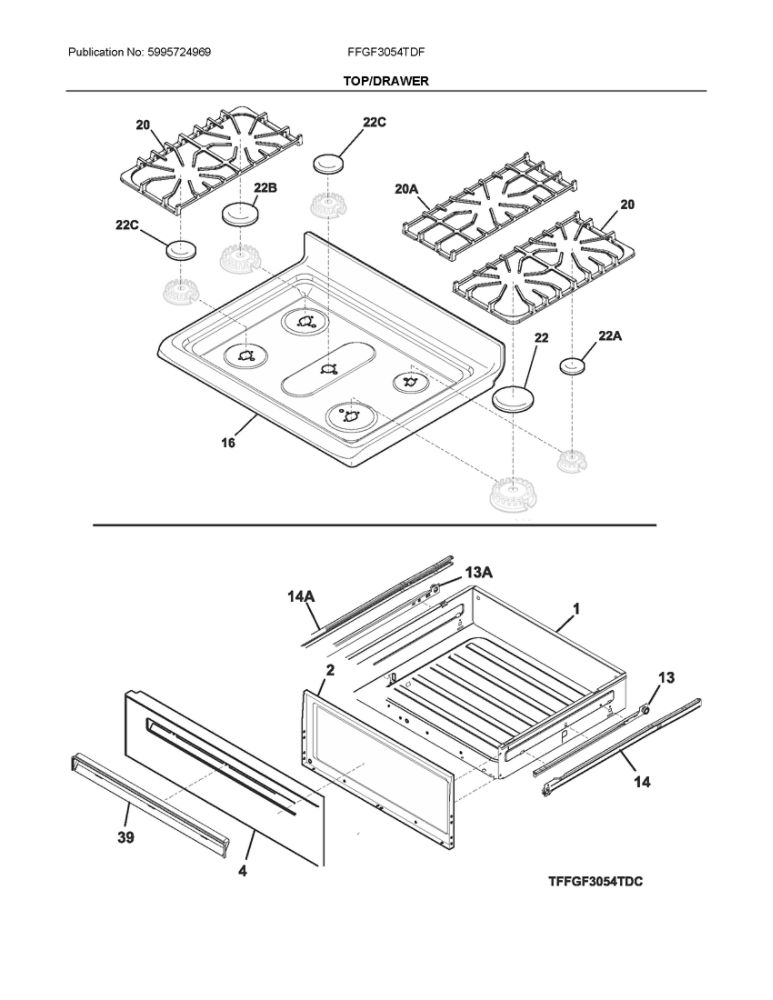 Top/Drawer Diagram and Parts List for FFGF3054TDF  Frigidaire Range