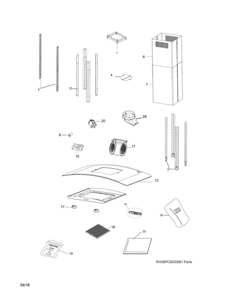 Recommended Spare Parts Diagram and Parts List for RH42PC60GSB  Electrolux Range Hood