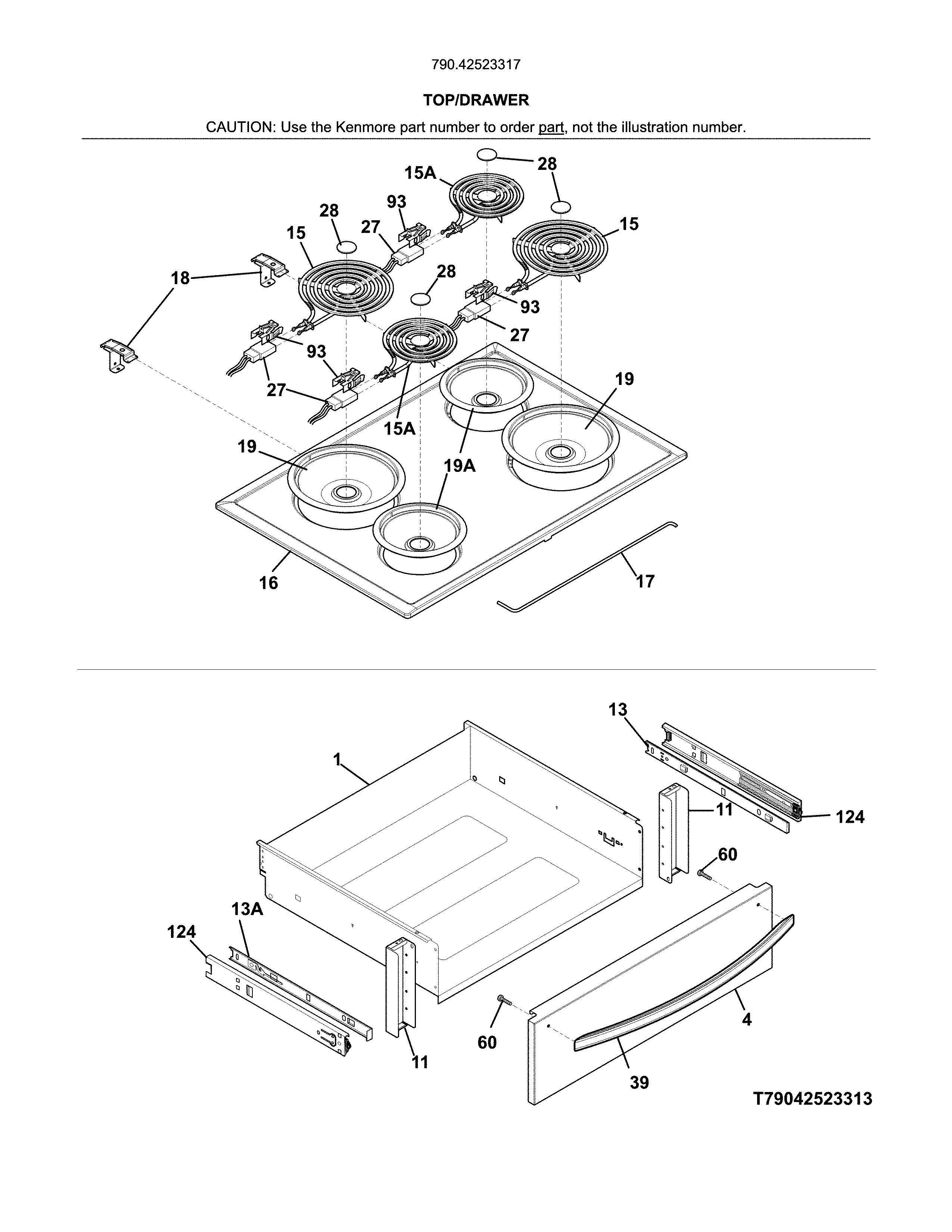 Top/drawer Diagram and Parts List for 79042523317  Kenmore Range