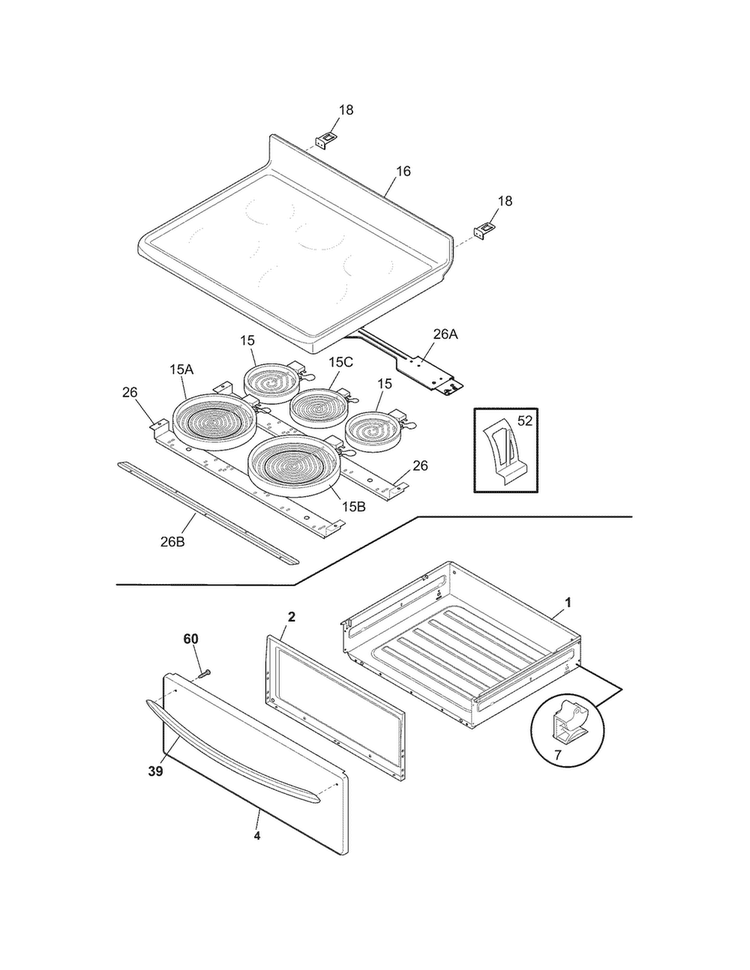 Top/drawer Diagram and Parts List for FGEF3041KFM  Frigidaire Range