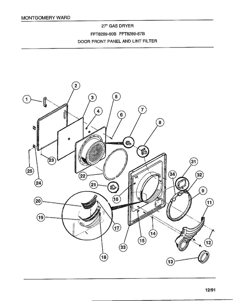 Door Front Panel And Lint Filter Diagram and Parts List for 8289-80B  Frigidaire Dryer