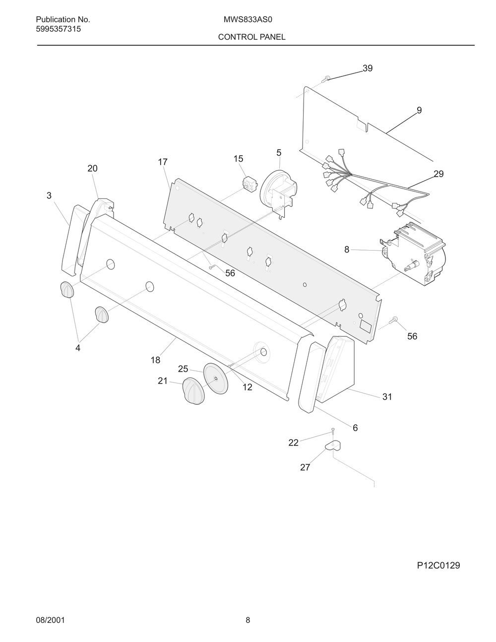 Control Panel Diagram and Parts List for MWS833AS0  Frigidaire Washer