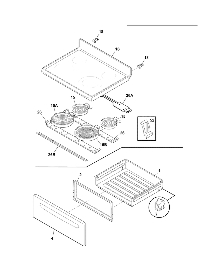 Top/drawer Diagram and Parts List for FFEF3013XWA  Frigidaire Range