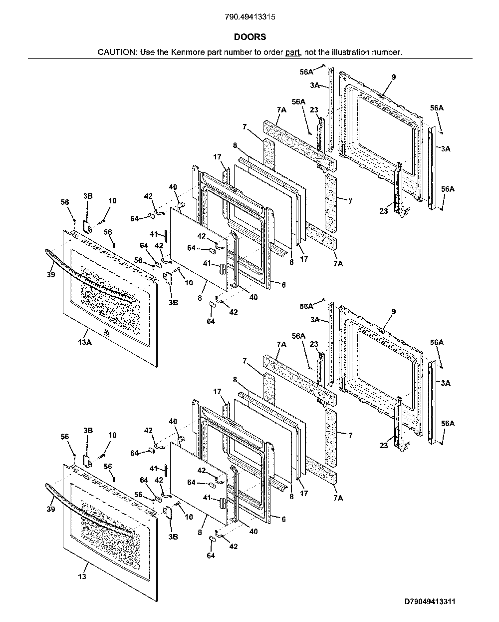 Doors Diagram and Parts List for 79049413315  Kenmore Wall Oven
