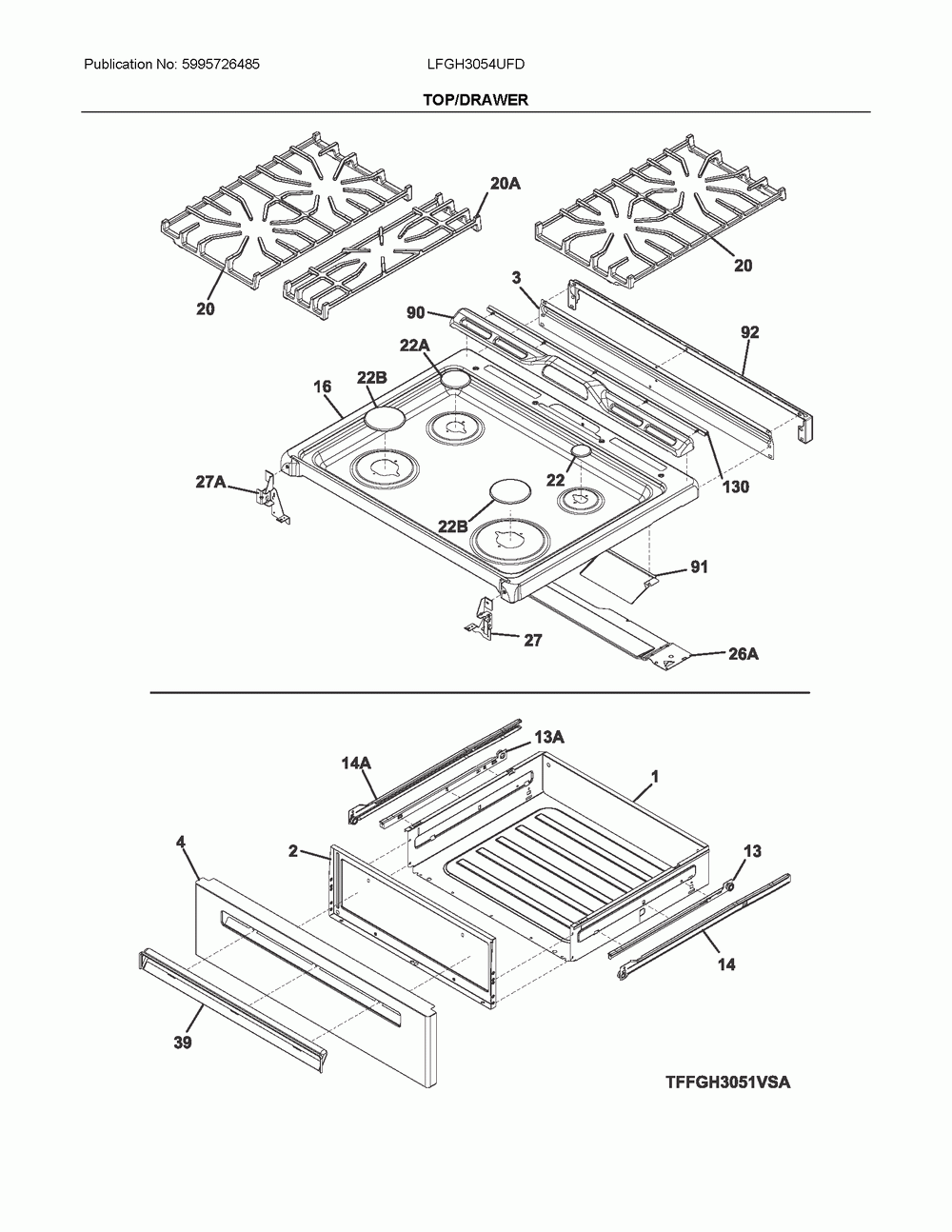 Top/drawer Diagram and Parts List for LFGH3054UFD  Frigidaire Range