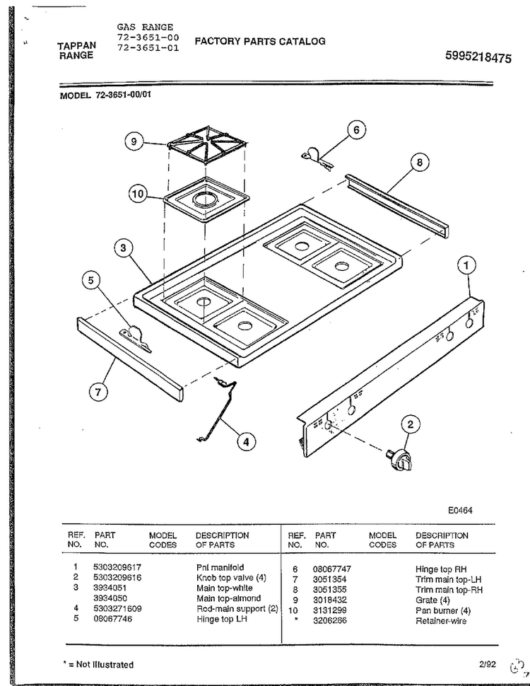 Gas Range Page 3 Diagram and Parts List for 72-3651-00  Tappan Range