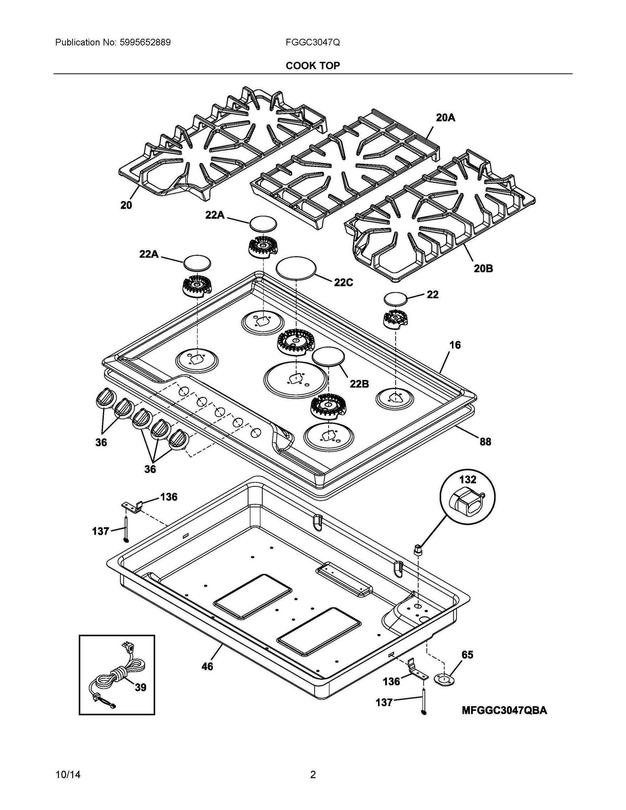 02 - COOK TOP Diagram and Parts List for FGGC3047QSA  Frigidaire Cooktop