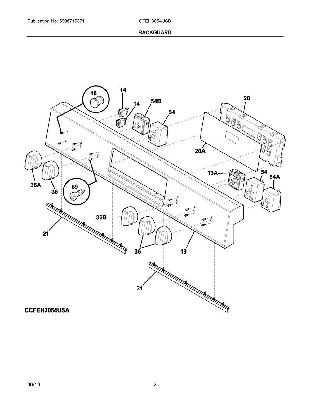 Backguard Diagram and Parts List for CFEH3054USB  Frigidaire Range