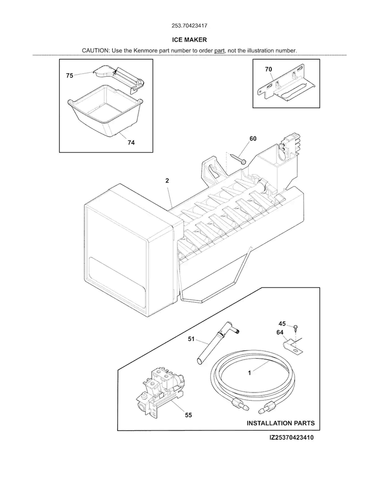 Ice Maker Diagram and Parts List for 25370423417  Kenmore Refrigerator
