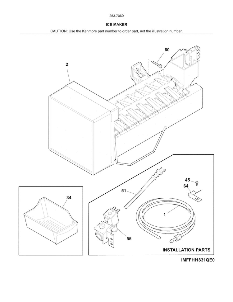 Ice Maker Diagram and Parts List for 25370609414  Kenmore Refrigerator