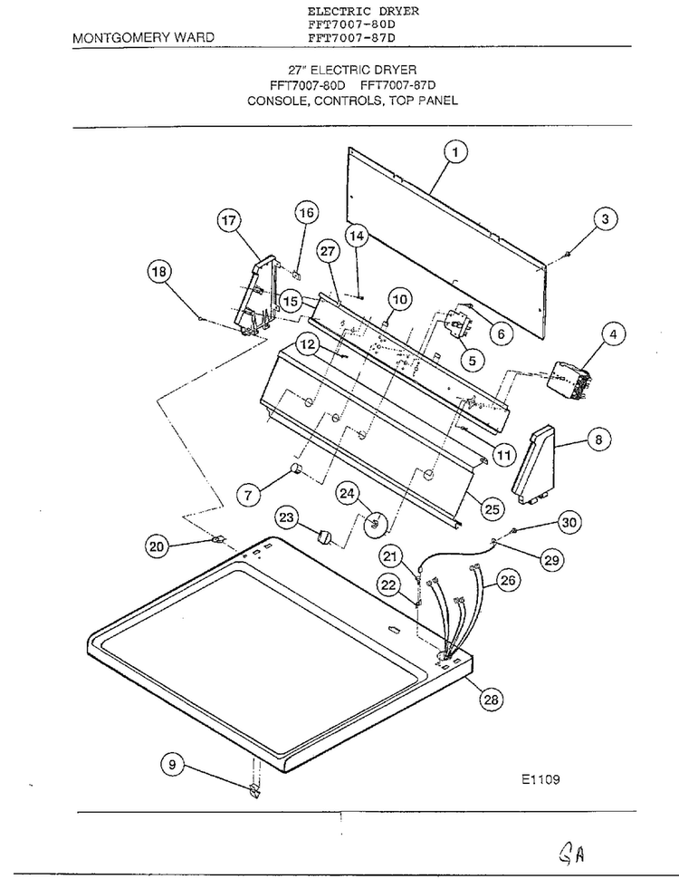 Console, Controls, Top Panel Diagram and Parts List for 7007-80D  Frigidaire Dryer