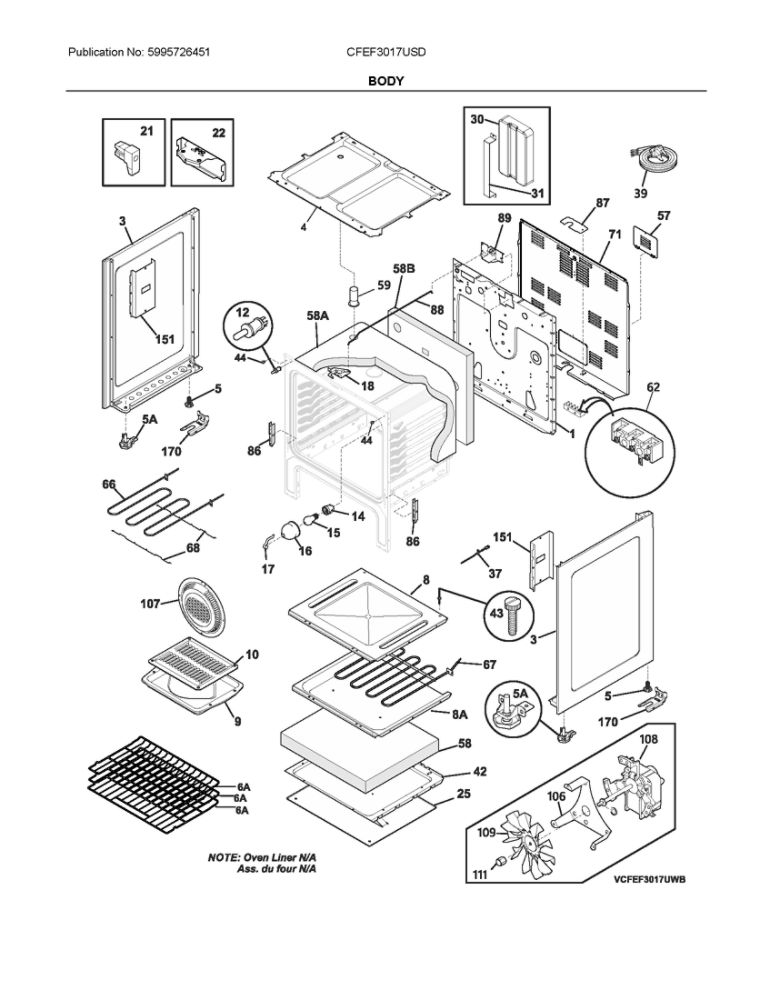 Body Diagram and Parts List for CFEF3017USD  Frigidaire Range