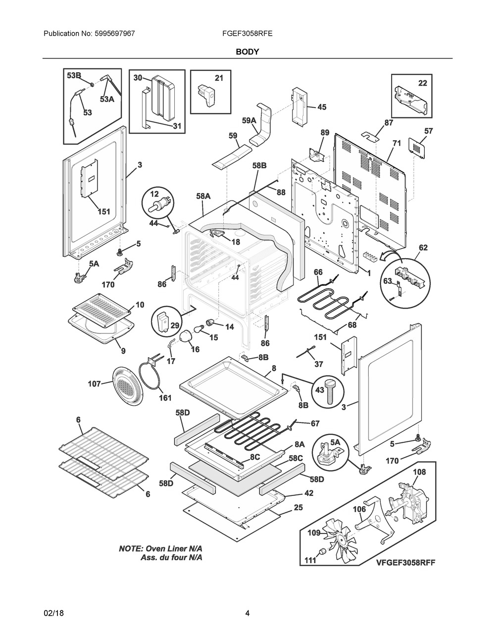 Body Diagram and Parts List for FGEF3058RFE  Frigidaire Range