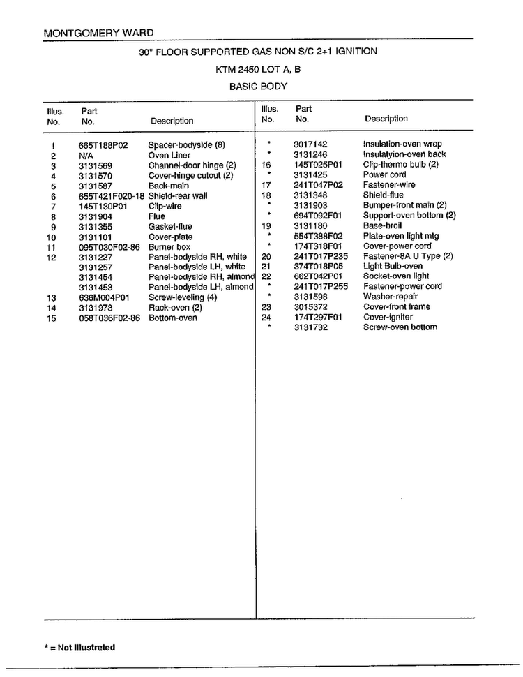 30"/basic Body Page 2 Diagram and Parts List for 2450C  Frigidaire Range