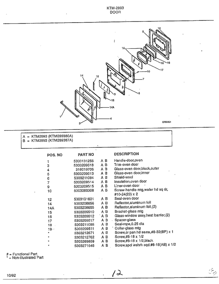 Door Diagram and Parts List for 2893  Frigidaire Range