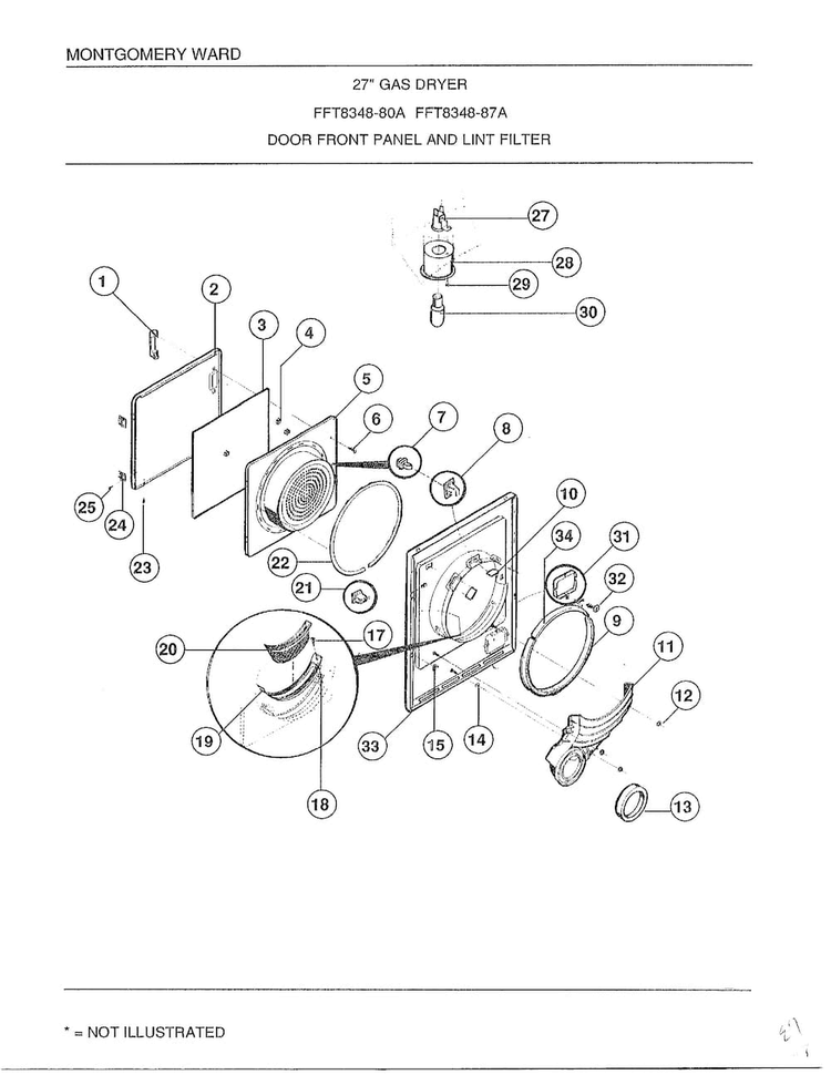 Door Front Panel And Lint Filter Diagram and Parts List for 8348A  Frigidaire Dryer