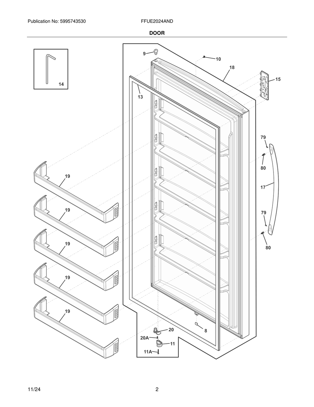 Door Diagram and Parts List for FFUE2024AND  Frigidaire Freezer