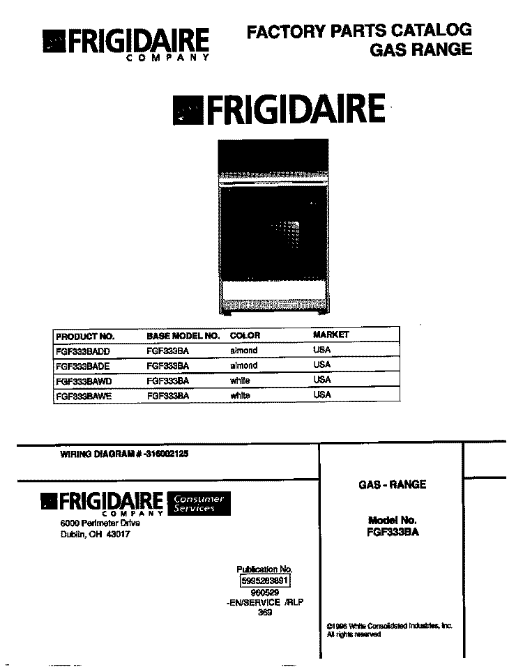 COVER Diagram and Parts List for FGF333BAWE  Frigidaire Range