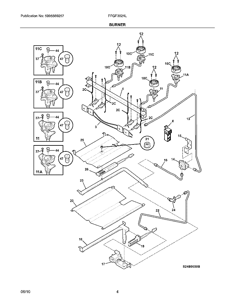BURNER Diagram and Parts List for FFGF3021LBB  Frigidaire Range