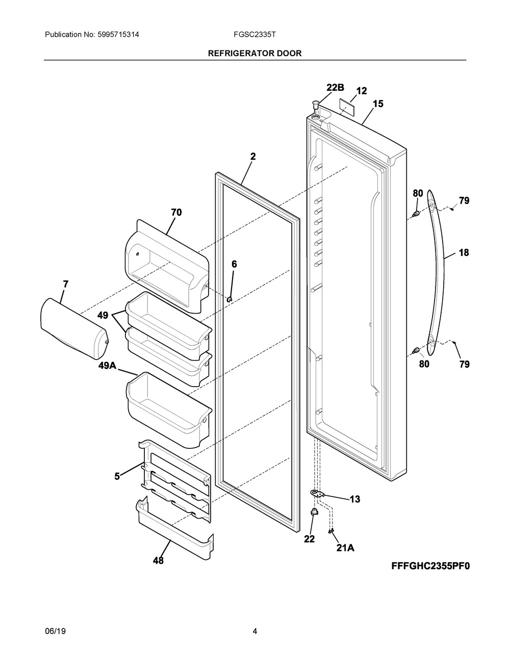 Refrigerator Door Diagram and Parts List for FGSC2335TF9  Frigidaire Refrigerator