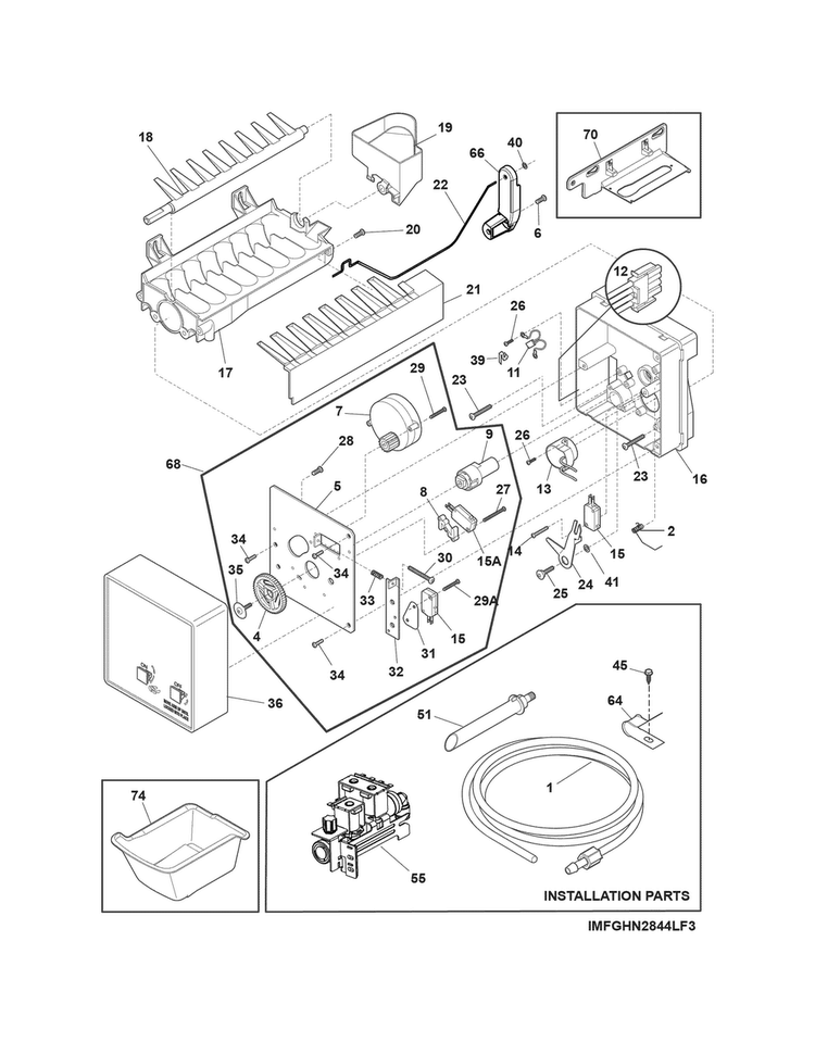 Ice Maker Diagram and Parts List for FGHN2844LP8  Frigidaire Refrigerator