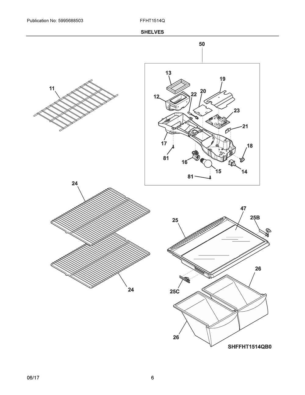 Shelves Diagram and Parts List for FFHT1514QW5  Frigidaire Refrigerator